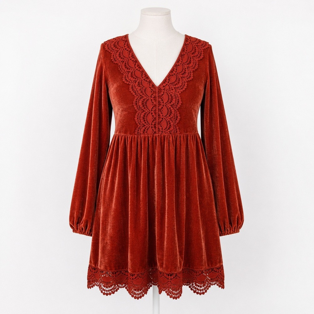 Velvet Crochet Lace Long Sleeve Mini Dress Size XL Boho Indie Festival Cottage